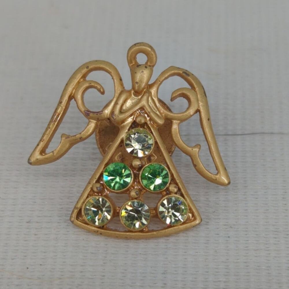 Vintage Gold Tone Angel Lapel Pin Green Rhinestones Brooch Christmas Holiday